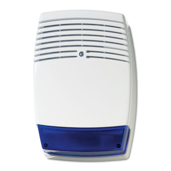 Sirena de exterior autoalimentada con protección metálica interna. Color blanco con lente azul. Grado 3
