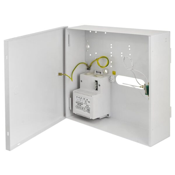 Caja pequeña para central Paradox. Transformador 20VA. Salida 16V/1.2A / 18V/1A.  250 x 250 x 80 mm