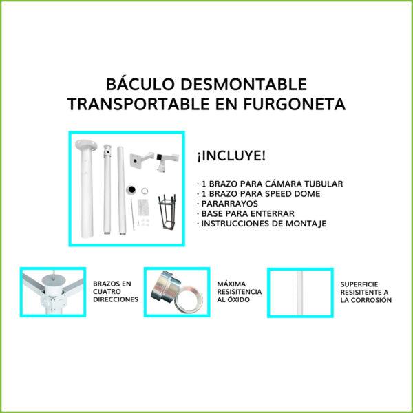 Báculo desmontable de 3,5m de altura en acero galvanizado de color gris con soporte para cámara y speed dome - Imagen 2