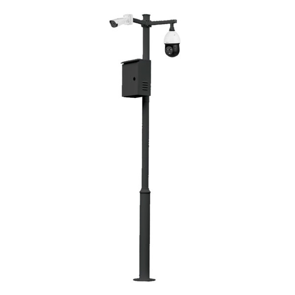 Báculo desmontable de 4,5m de altura en acero galvanizado de color negro con soporte para cámara y speed dome
