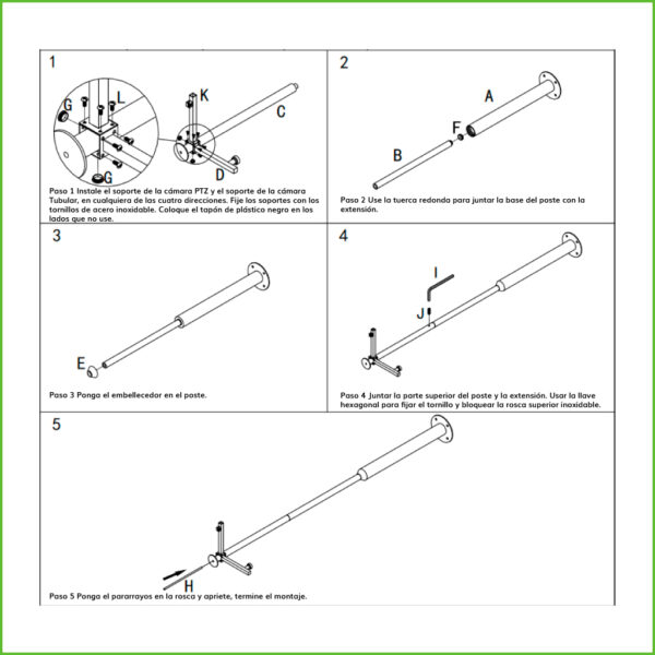 Báculo desmontable de 4,5m de altura en acero galvanizado de color negro con soporte para cámara y speed dome - Imagen 3