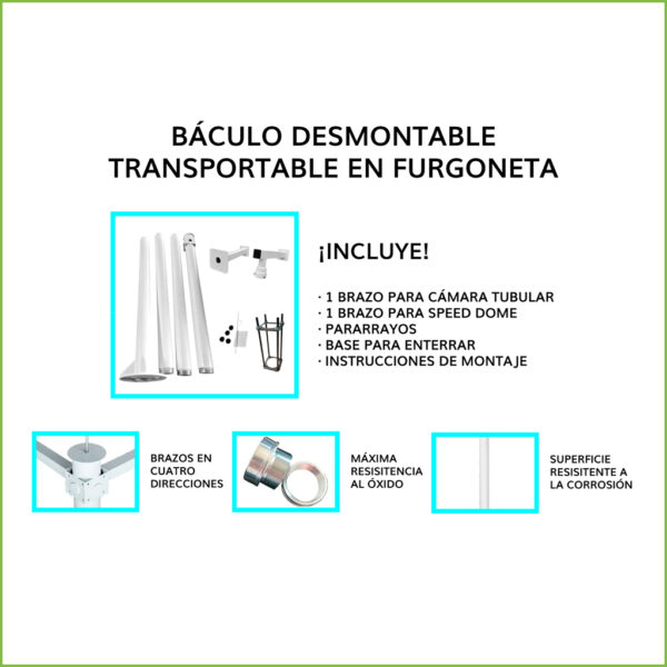 Báculo desmontable de 6m de altura en acero galvanizado de color gris con soporte para cámara y speed dome - Imagen 2